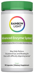 Rainbow Light Advanced Enzyme System bottle showing plant-sourced enzymes for daily digestion support.