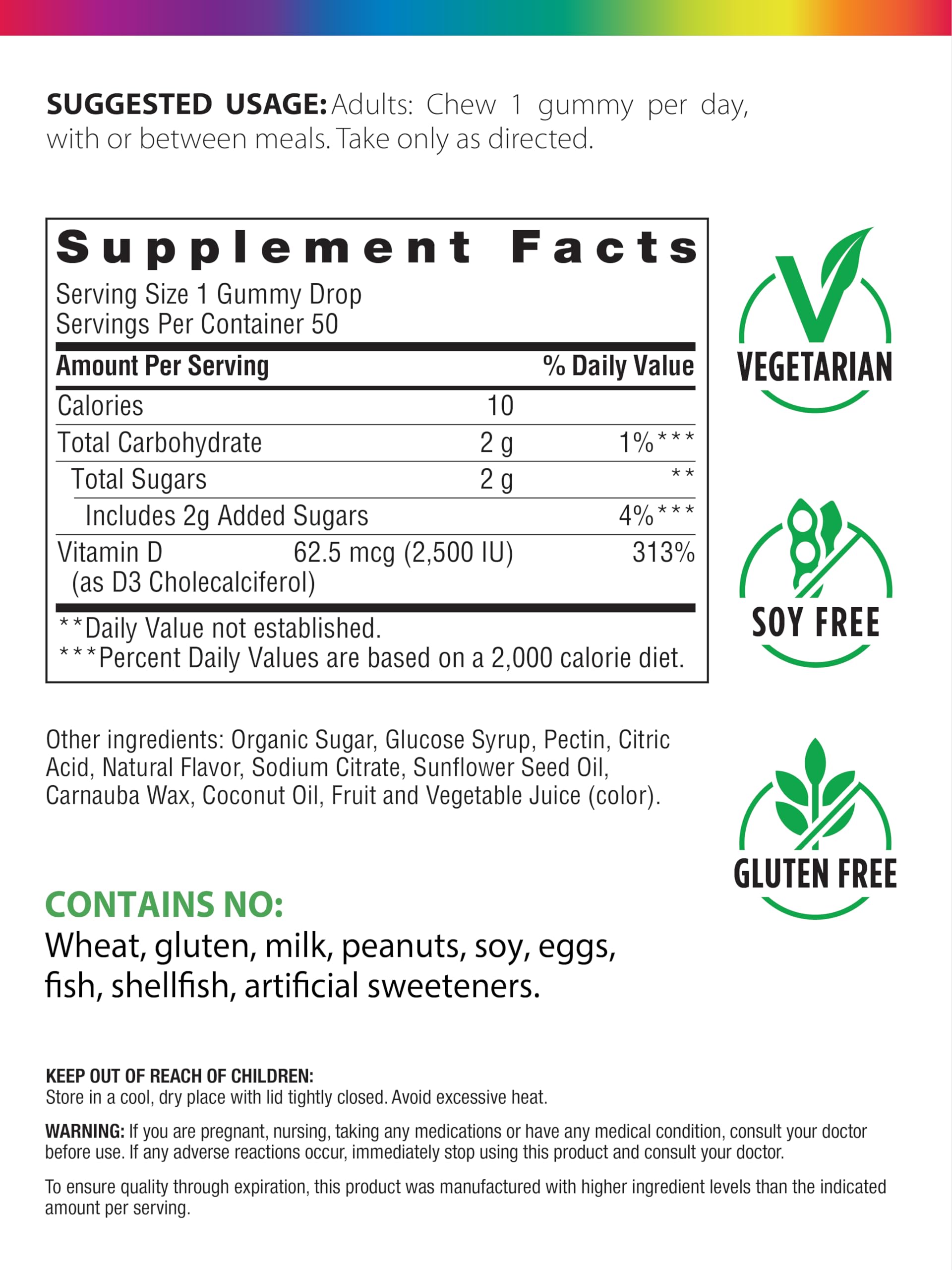Rainbow Light Berry D-Licious bottle label highlights 2,500 IU per gummy