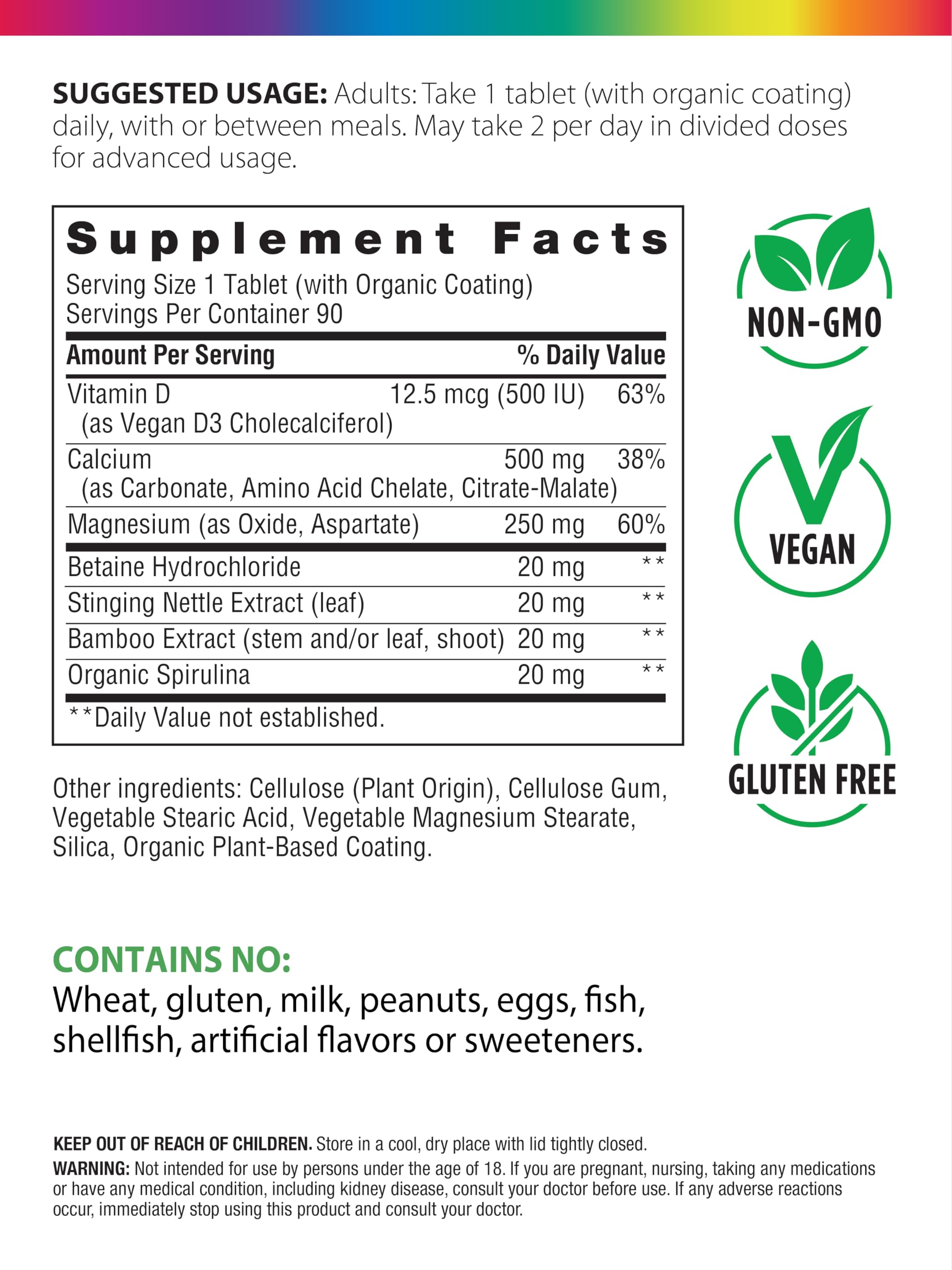Tablets dispensing illustration shows daily dose from Rainbow Light Calcium Complex in a vegan formula.