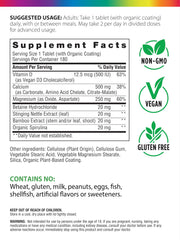 Close-up of Rainbow Light Calcium Complex tablets showing a gentle, stomach-friendly formula