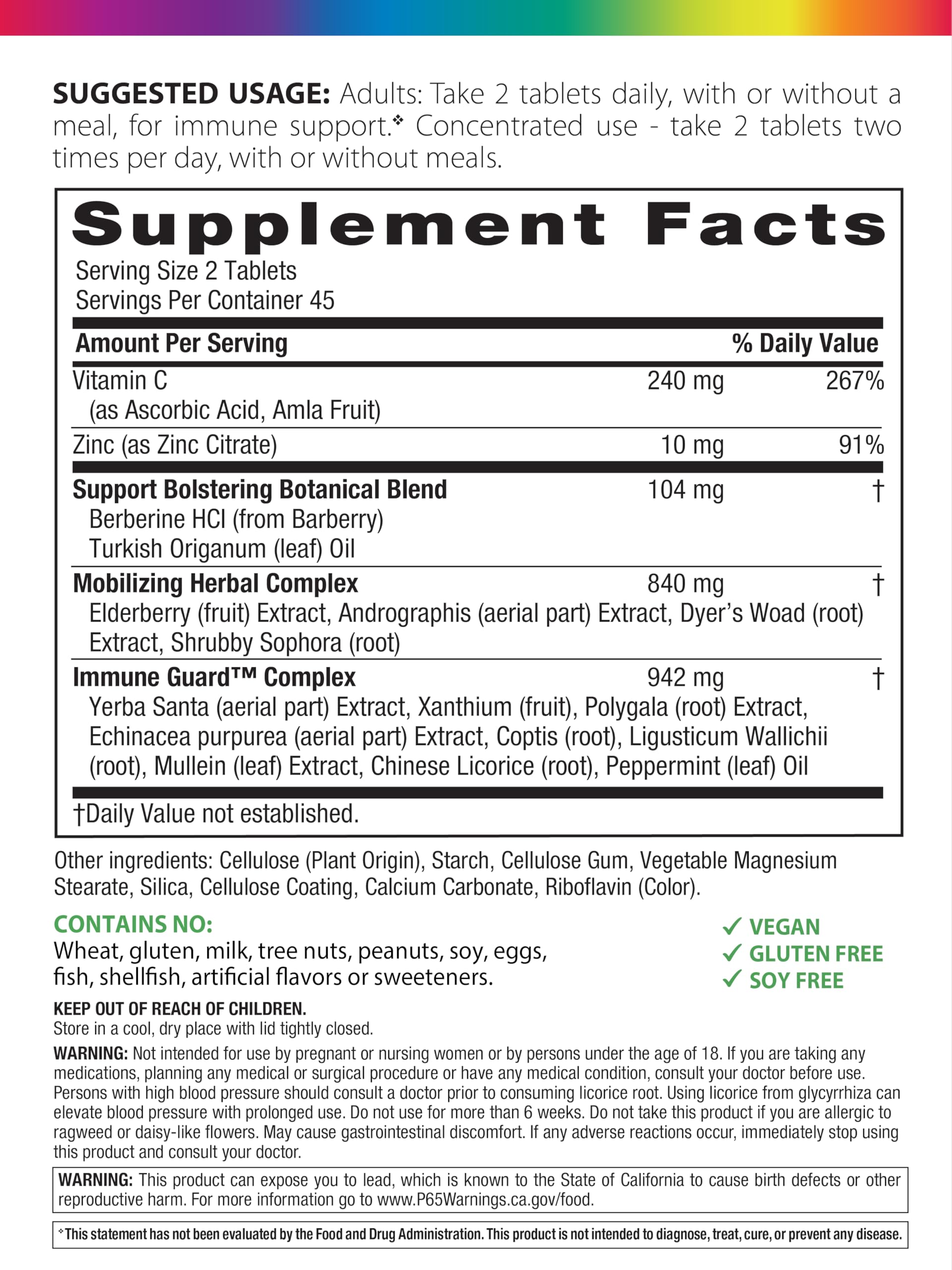 Rainbow Light Counter Attack bottle label with key nutrients vitamin C and zinc