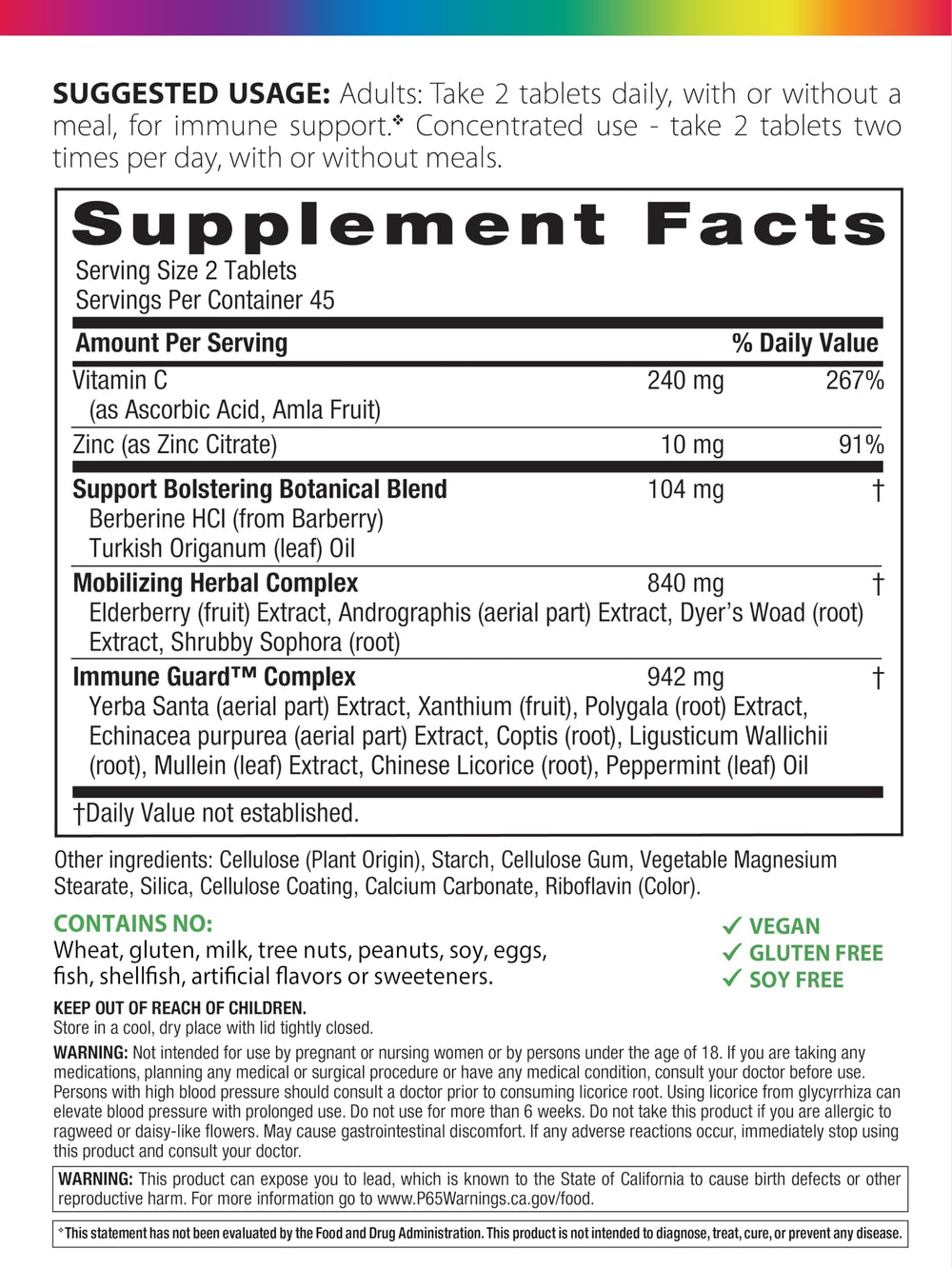 Rainbow Light Counter Attack bottle label with key nutrients vitamin C and zinc