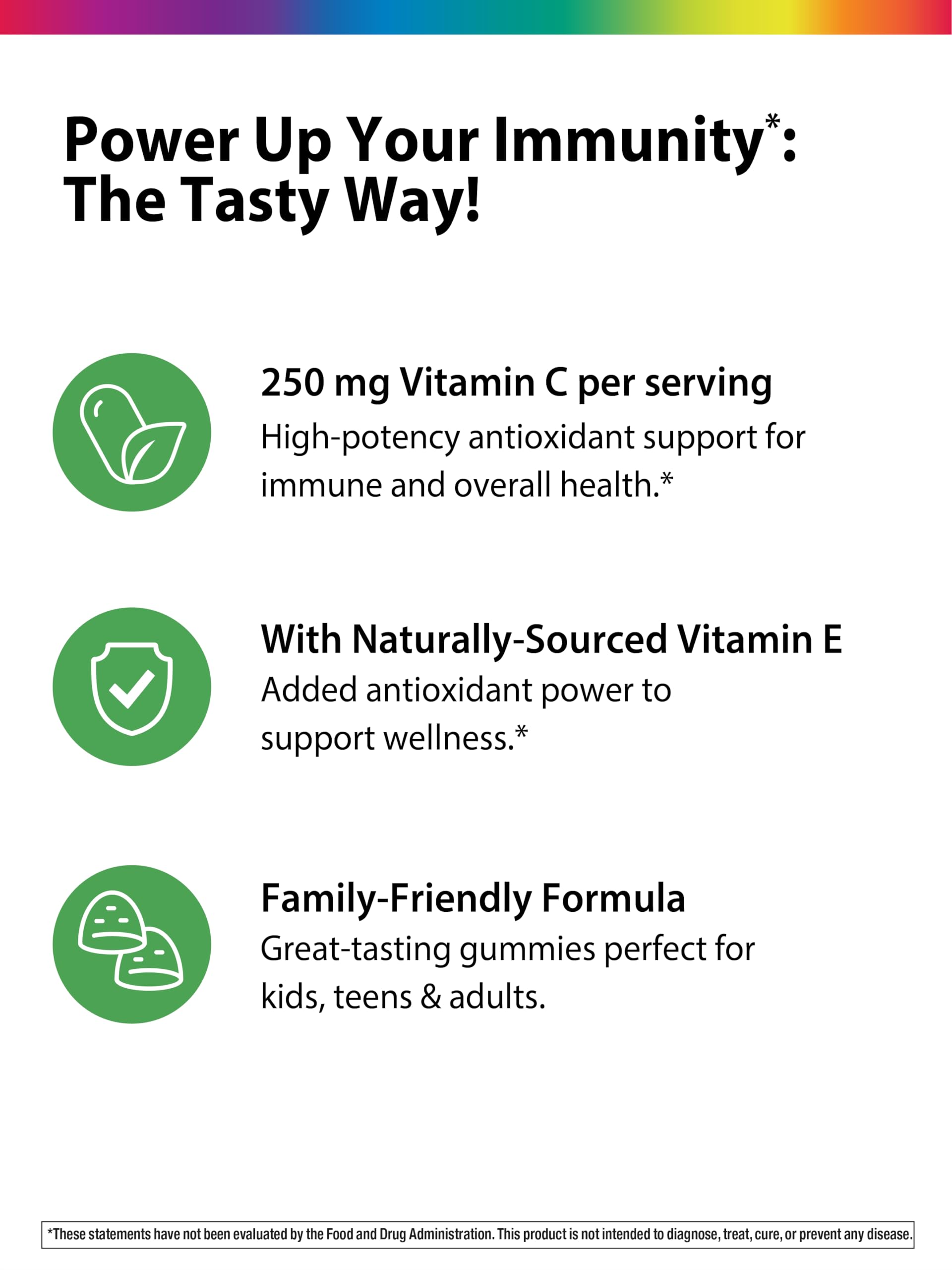 Gluten-free Rainbow Light Vitamin C Gummies packaging emphasizes allergy-friendly formula.