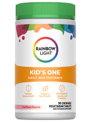 Rainbow Light Kids One Multivitamin bottle with chewables supporting daily growth and immunity.