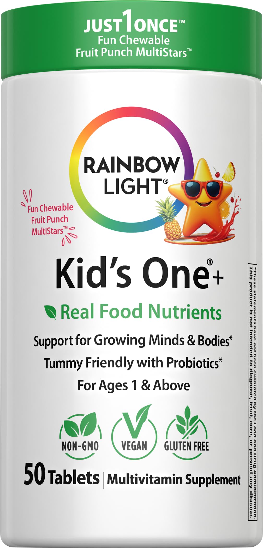 Rainbow Light Kids One+ chewables bottle supports daily vitamins with iron and tummy-friendly probiotics