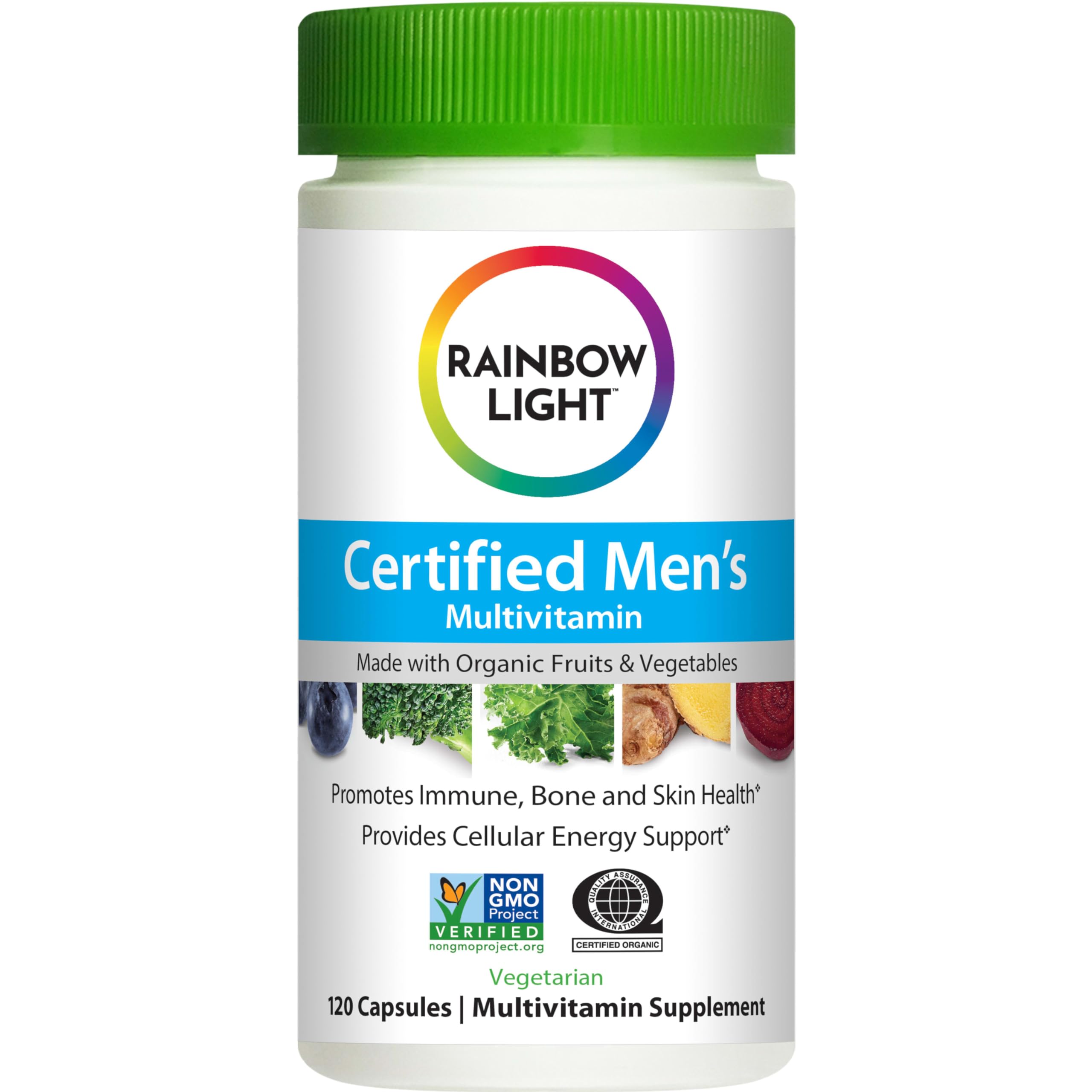 Rainbow Light Men’s Multivitamin tablets closeup highlights heart and liver health support.