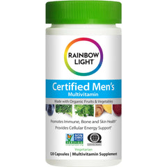 Rainbow Light Men’s Multivitamin tablets closeup highlights heart and liver health support.
