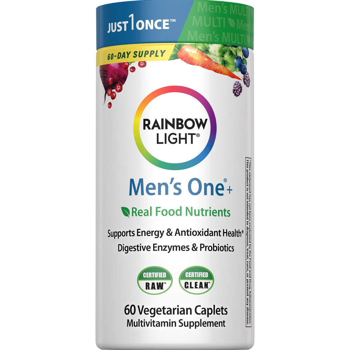 Rainbow Light Men's Multivitamin One Plus bottle front view supports daily energy.
