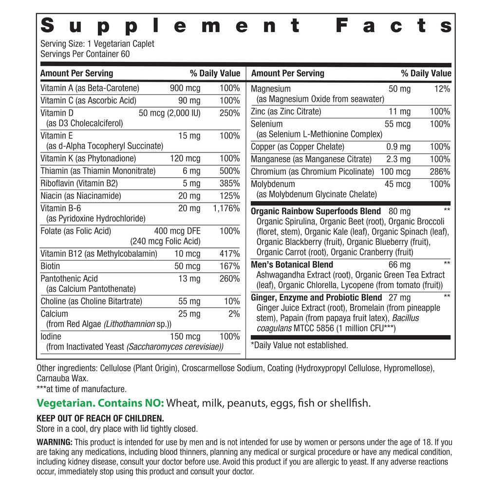 Rainbow Light Men's Multivitamin One Plus bottle pour highlights easy daily caplets.