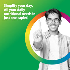 Rainbow Light Men's Multivitamin One Plus caplets close-up, easy daily intake.