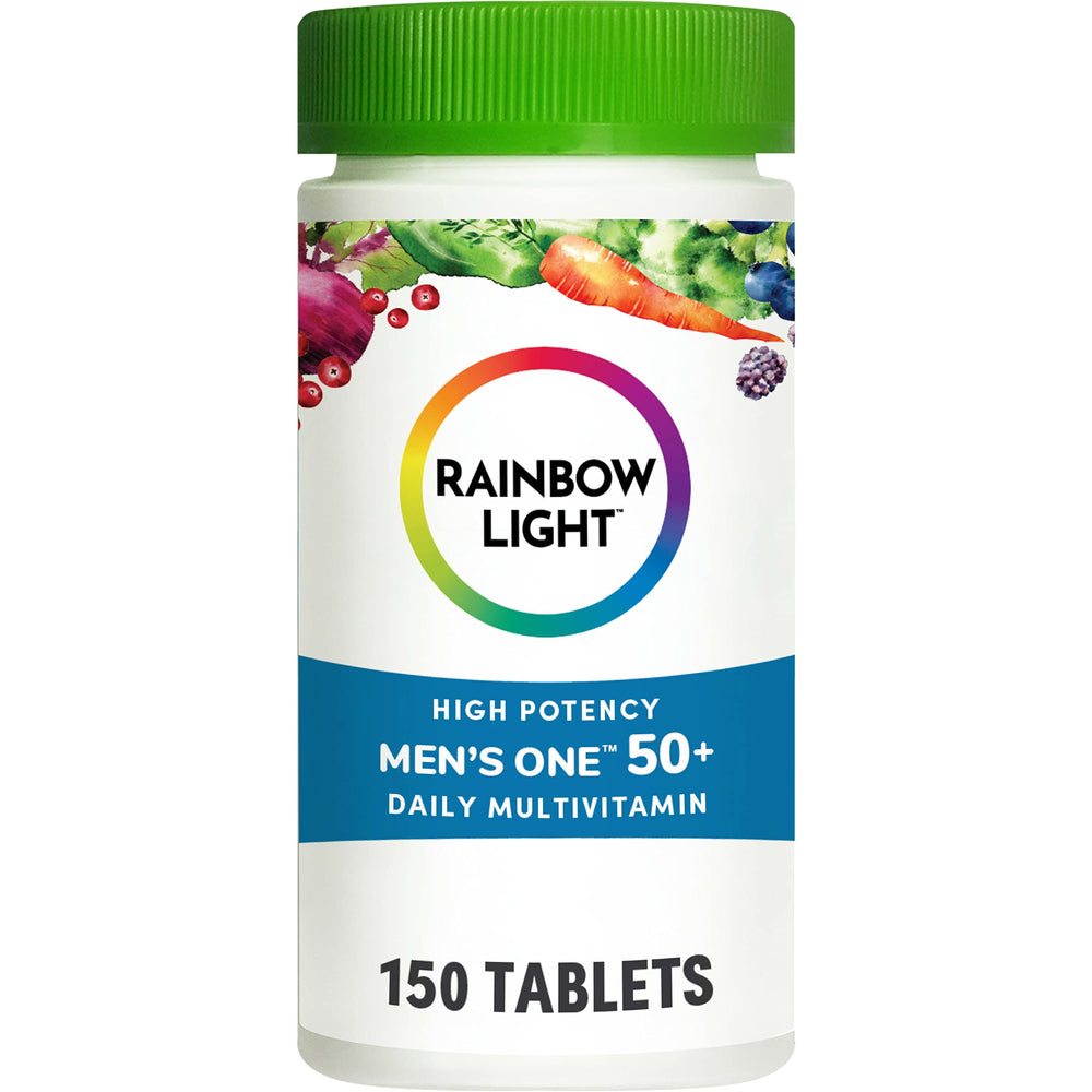 Rainbow Light Mens One 50+ bottle pour highlights high-potency immune support vitamins