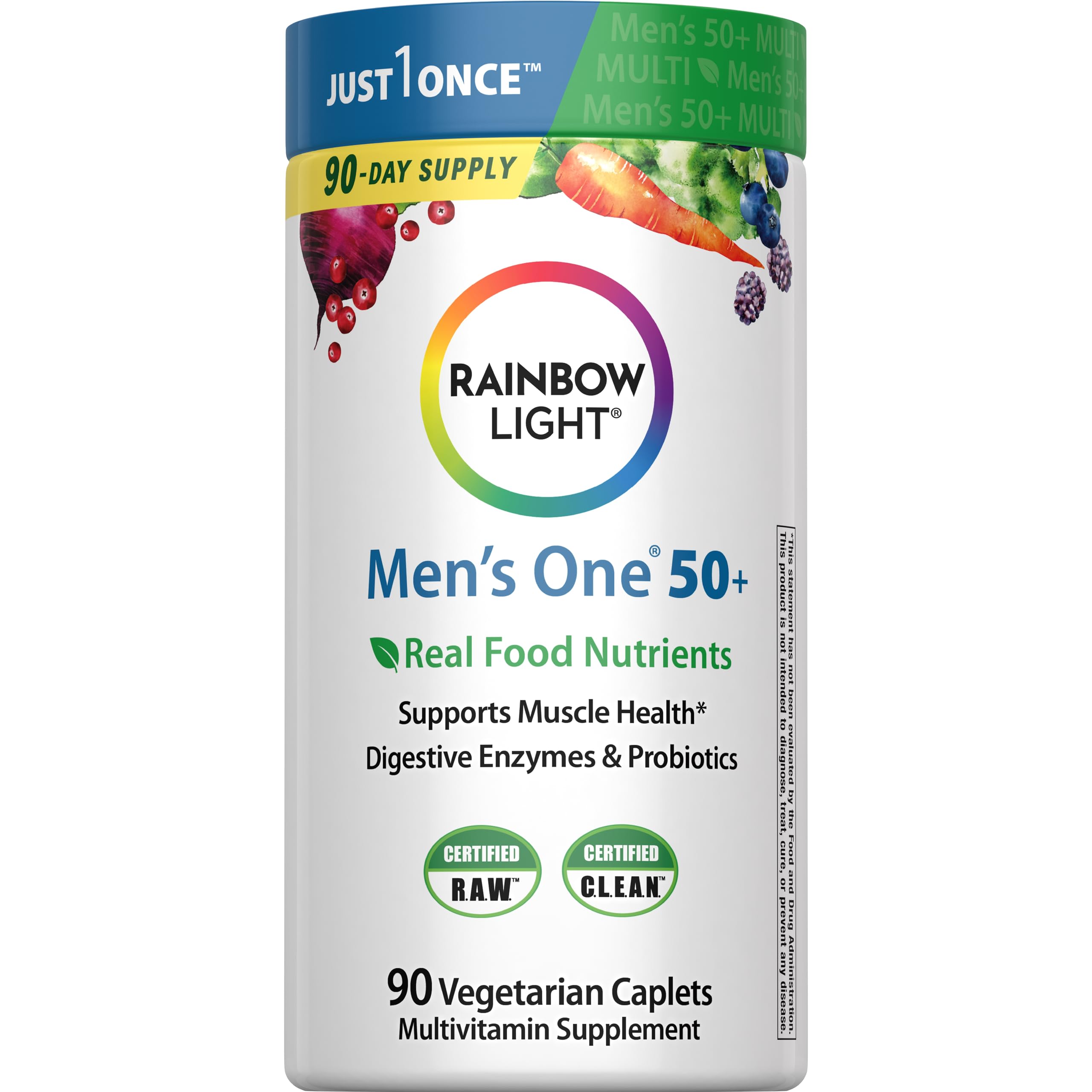 Rainbow Light Mens One 50+ bottle showcases daily multivitamin support for active aging.