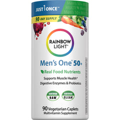 Rainbow Light Mens One 50+ bottle showcases daily multivitamin support for active aging.