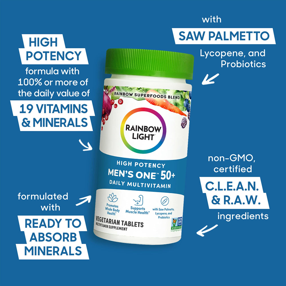 Rainbow Light Mens One 50+ capsules closeup shows nutrient distribution and minerals