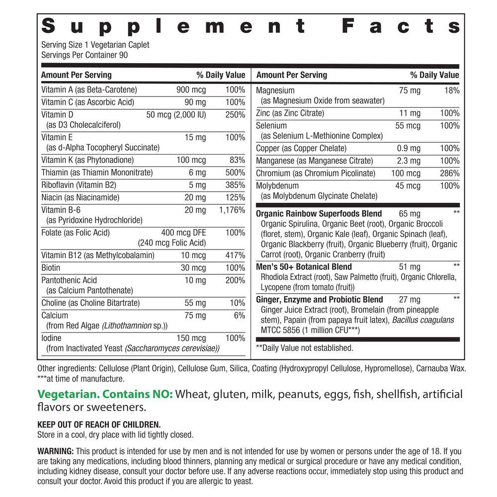 Rainbow Light Mens One 50+ label highlights essential nutrients and clean, vegetarian formula.