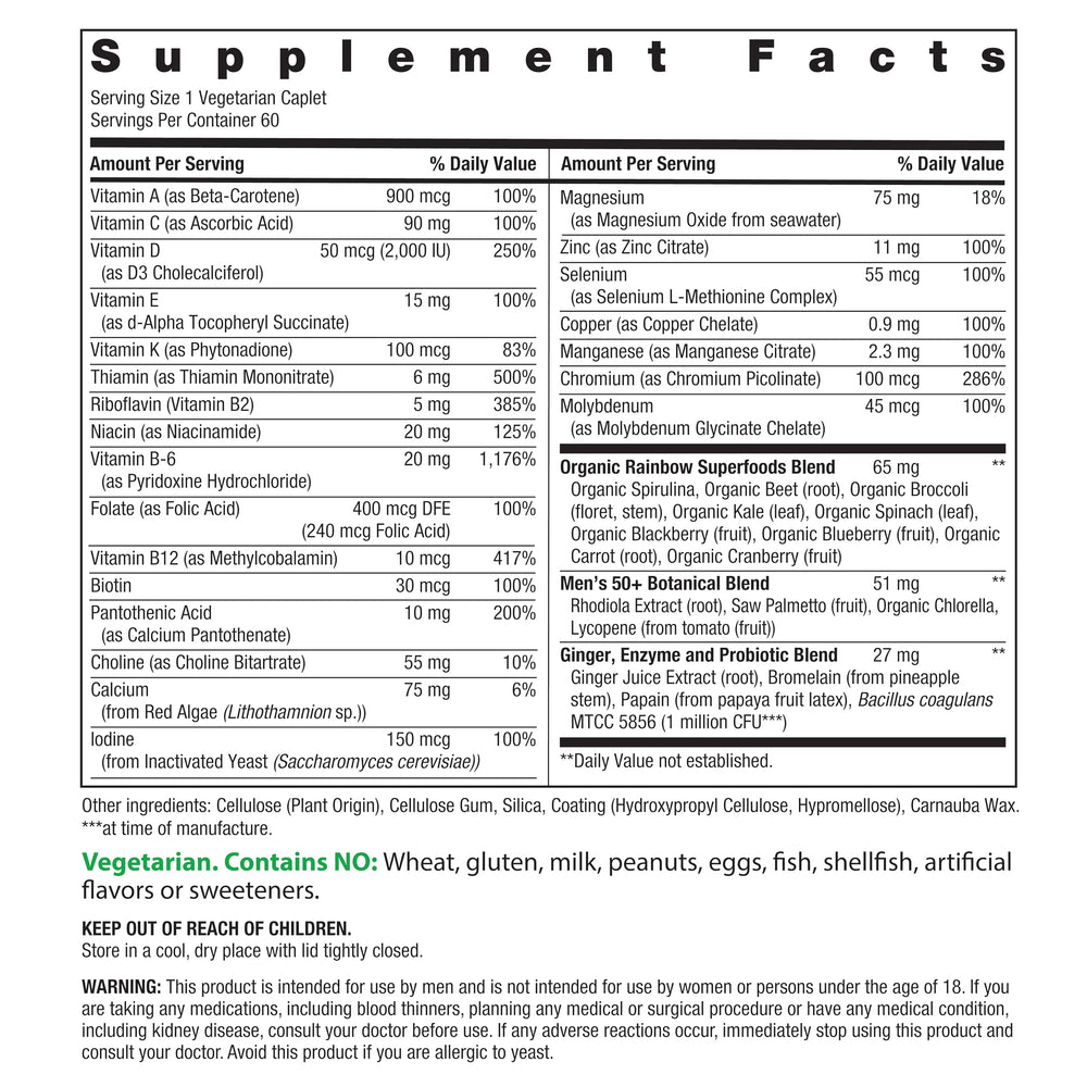 Rainbow Light Men's One 50+ tablet closeup on label shows vitamins C and D.