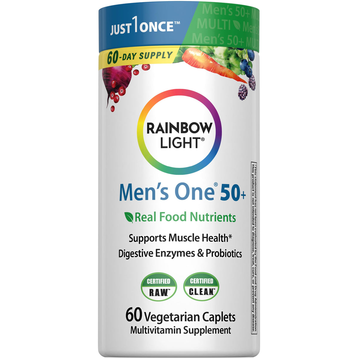Rainbow Light Men's One 50+ tablet pack with bold label highlighting high-potency vitamins.