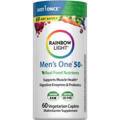 Rainbow Light Men's One 50+ tablet pack with bold label highlighting high-potency vitamins.