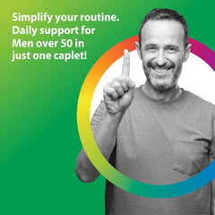 Rainbow Light Mens One 50+ tablets close-up emphasizes high-potency vitamins for daily wellness.