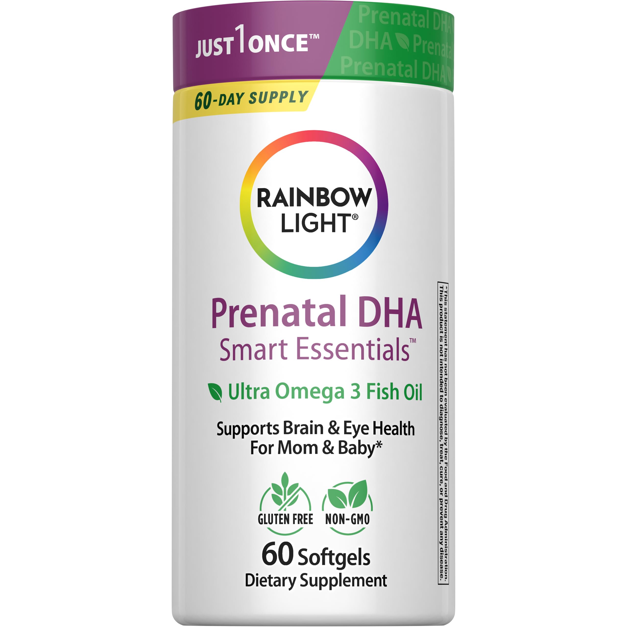 Rainbow Light Prenatal DHA bottle front highlights omega-3 support for mom and baby.