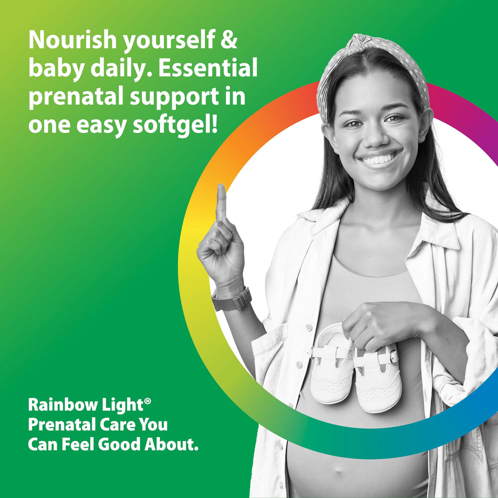 Rainbow Light Prenatal DHA label closeup emphasizes purity and allergen-friendly formula.