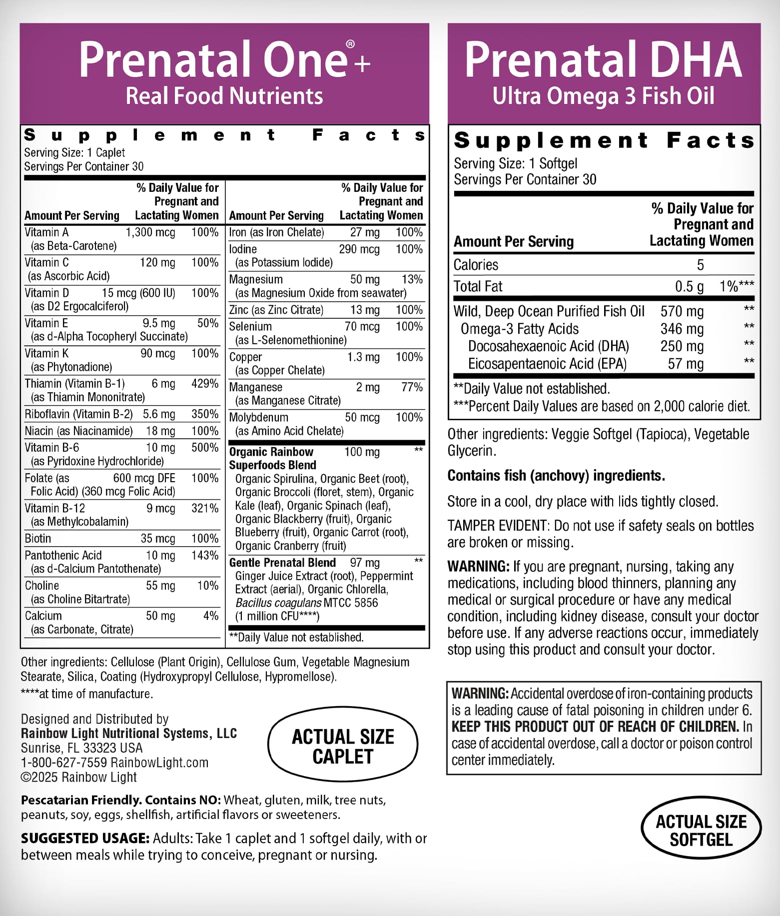 Rainbow Light Prenatal DHA softgels bottle highlighting DHA and EPA benefits for mom and baby