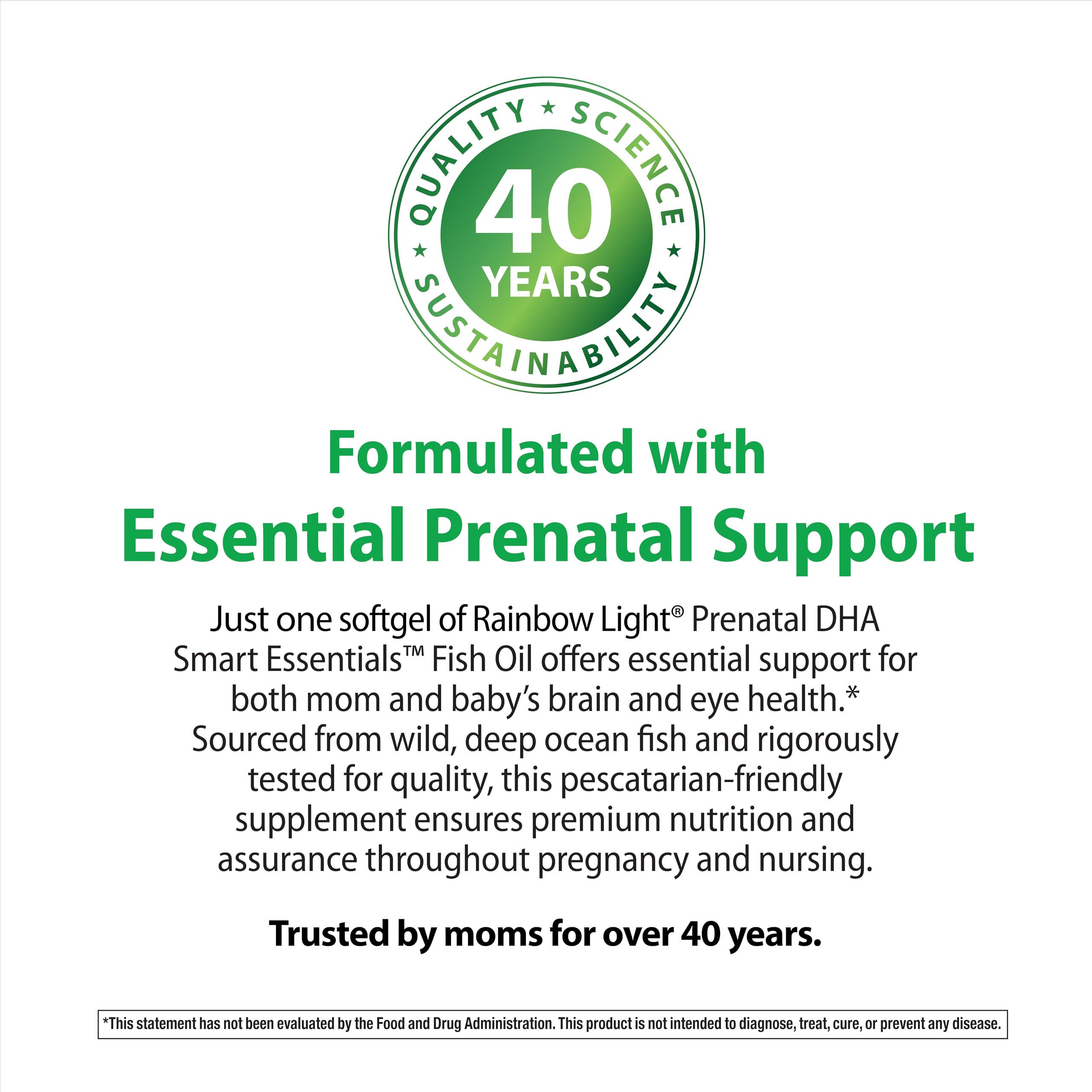 Rainbow Light Prenatal DHA sustainability bottle emphasizes 100% post-consumer recycled packaging.