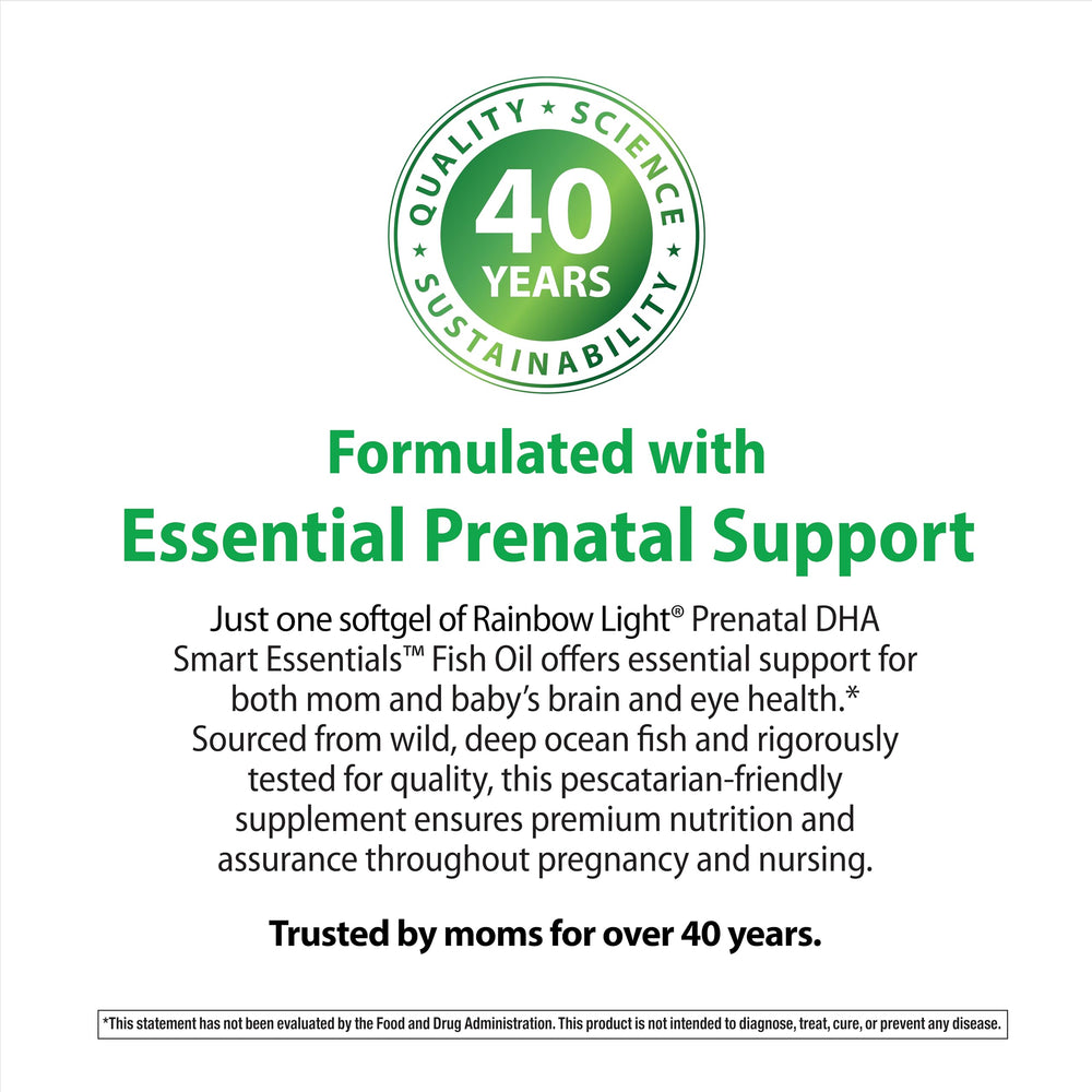 Rainbow Light Prenatal DHA sustainability bottle emphasizes 100% post-consumer recycled packaging.