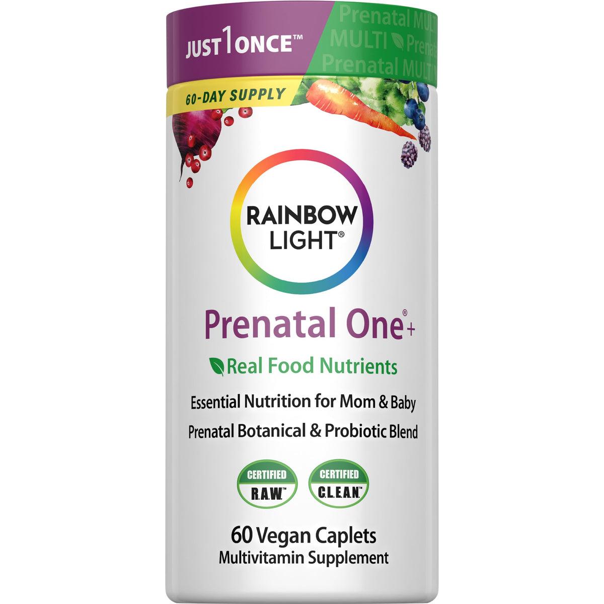 Rainbow Light Prenatal One bottle front view highlighting high-potency multivitamin for mom and baby.