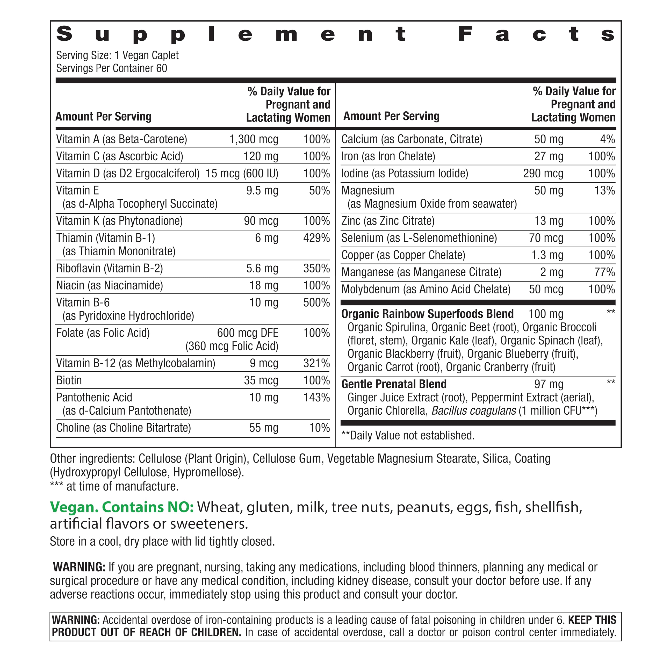 Rainbow Light Prenatal One caplets closeup showcasing vegan formula and non-GMO promise.