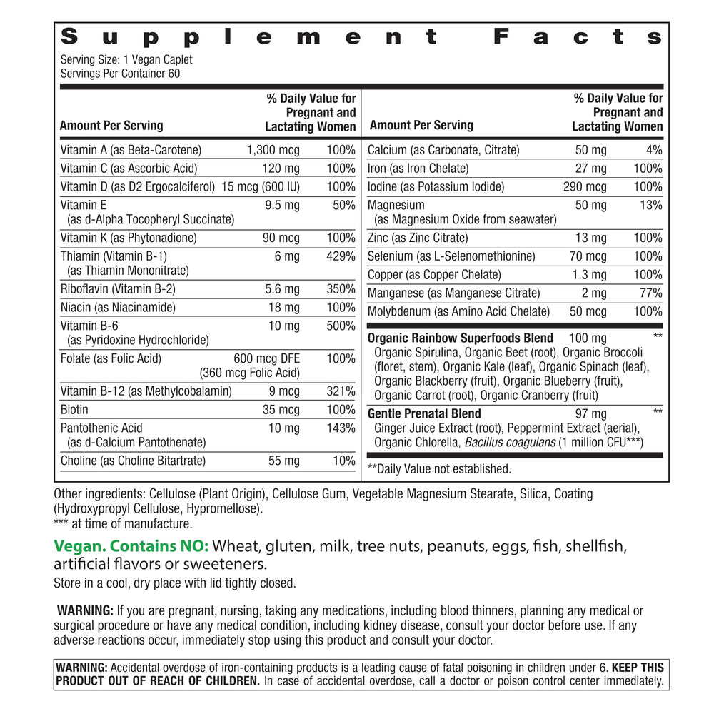 Rainbow Light Prenatal One caplets closeup showcasing vegan formula and non-GMO promise.