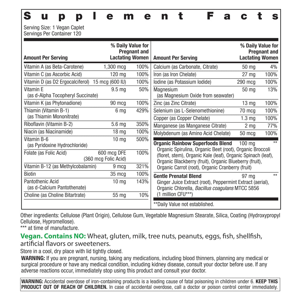 Rainbow Light Prenatal One label detail highlighting daily vitamin values