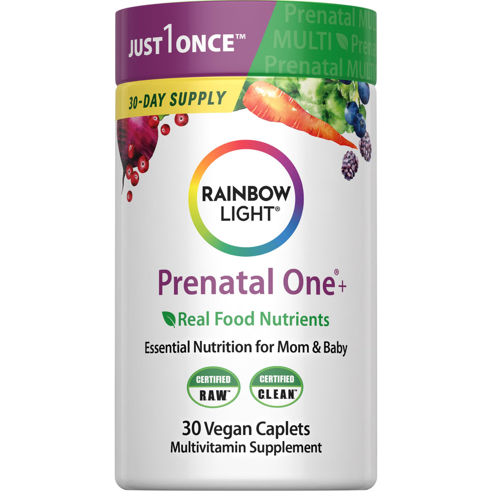Rainbow Light Prenatal One+ bottle front view shows daily prenatal nutrition.