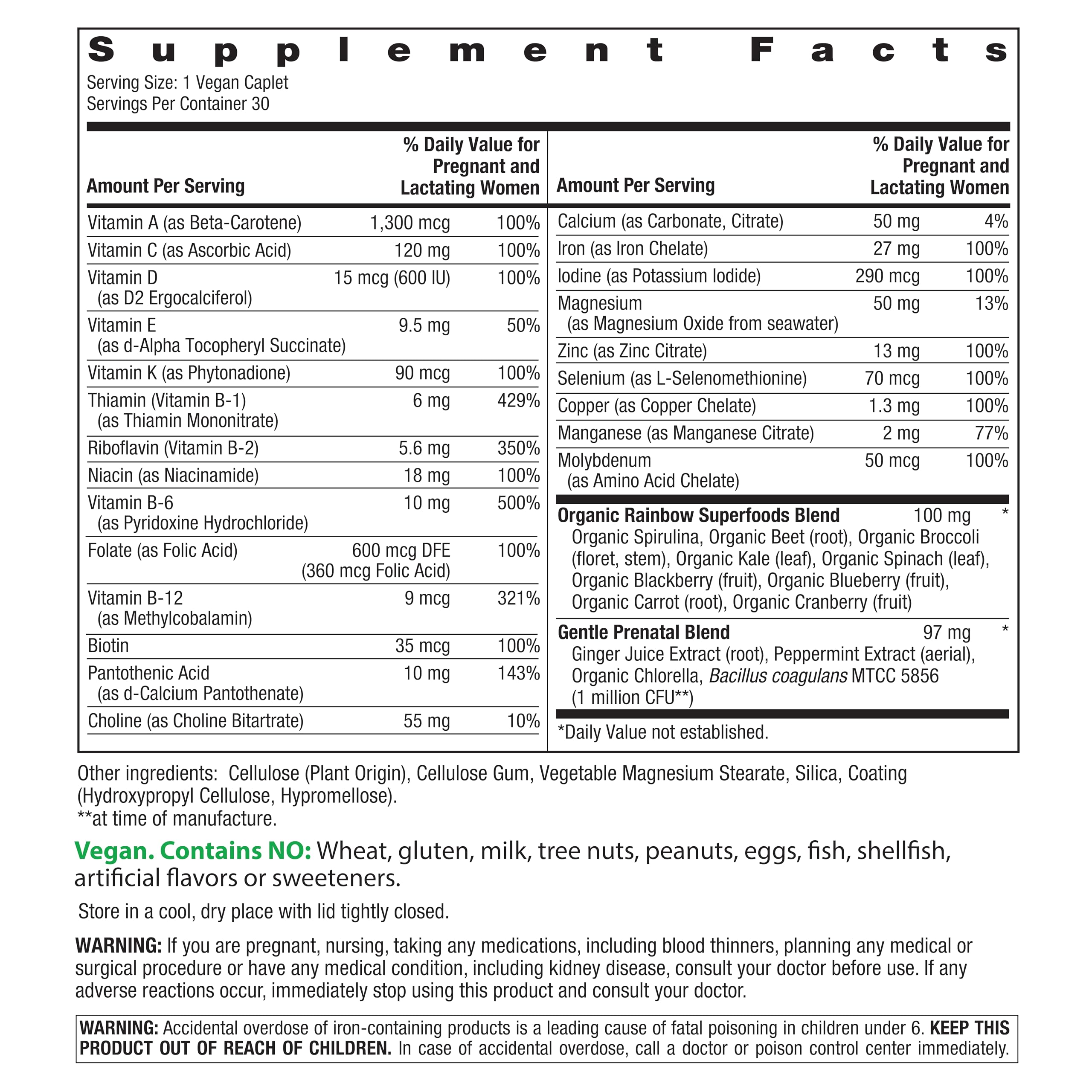 Rainbow Light Prenatal One+ bottle label closeup highlights real food nutrients and iron.