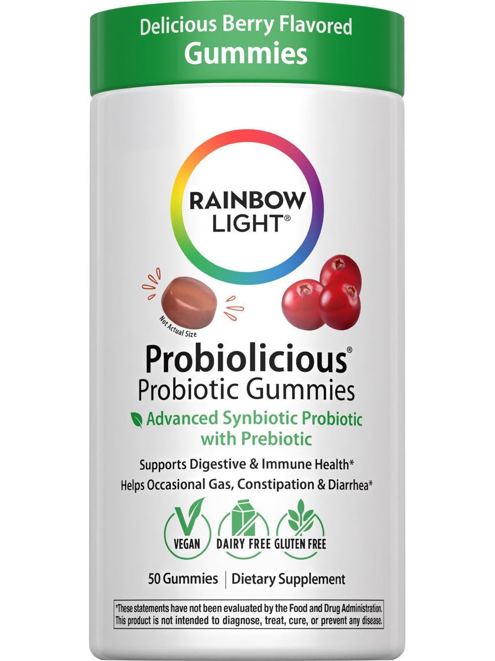 Rainbow Light Probiolicious gummies bottle showing colorful chews for daily balance