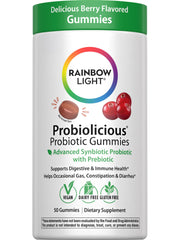 Rainbow Light Probiolicious gummies bottle showing colorful chews for daily balance