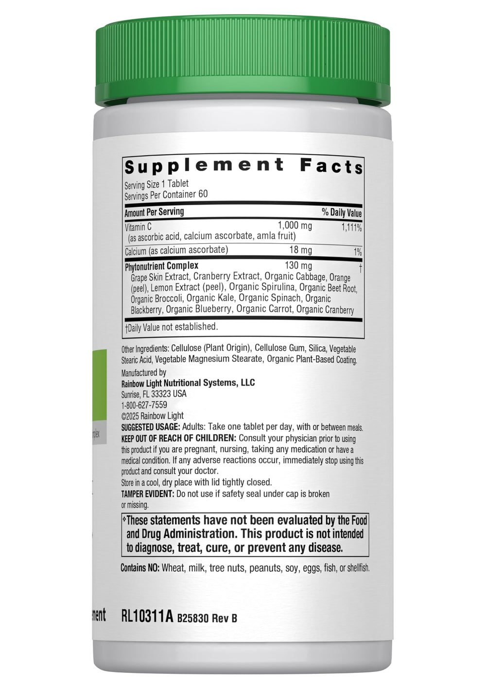 Rainbow Light Vitamin C 1,000mg tablets close-up emphasizing gentle digestion.