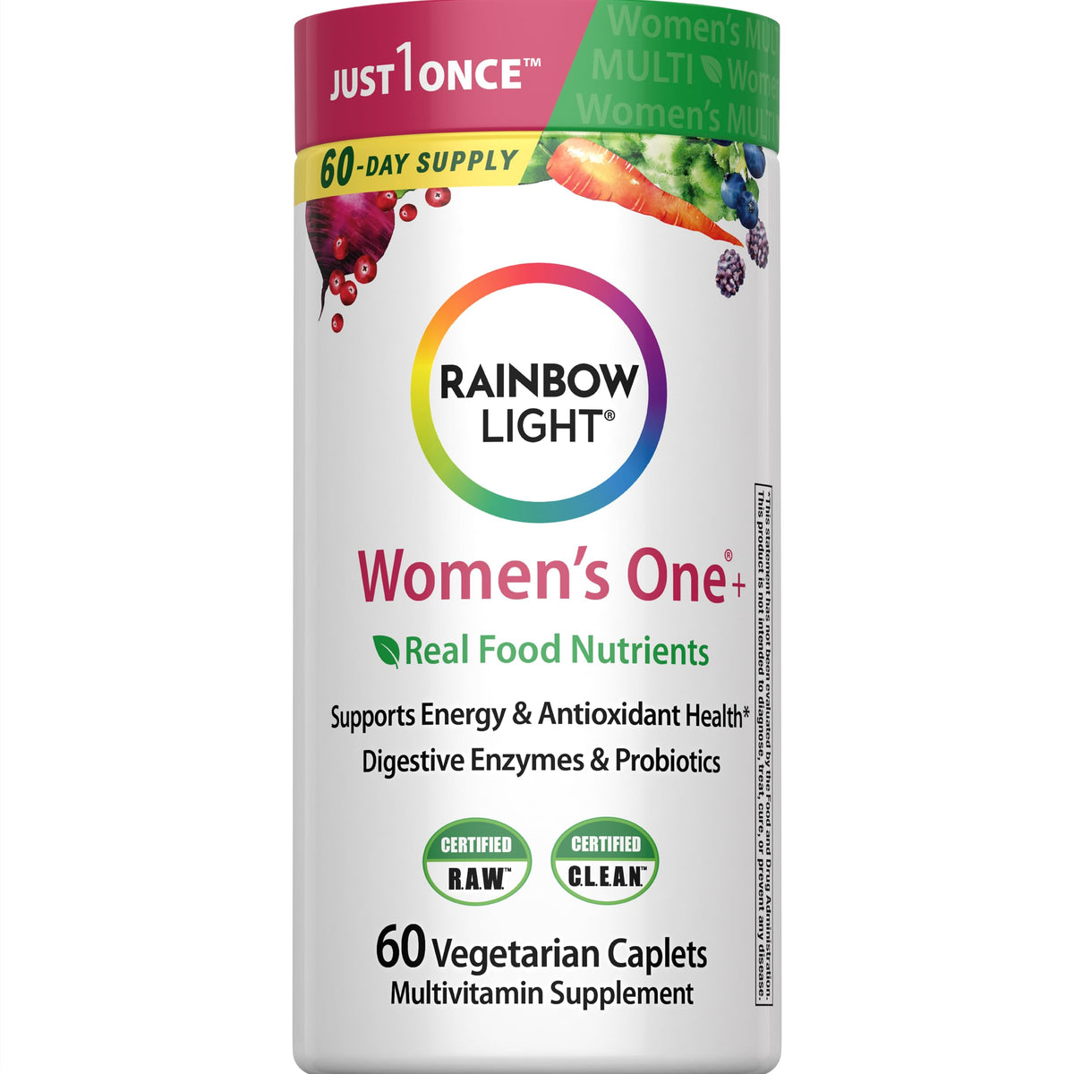 Rainbow Light Womens Multivitamin One+ bottle front view showing daily energy support and wellness potential.