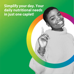 Rainbow Light One+ capsules exposed show easy-to-swallow caplets and digestive enzymes.