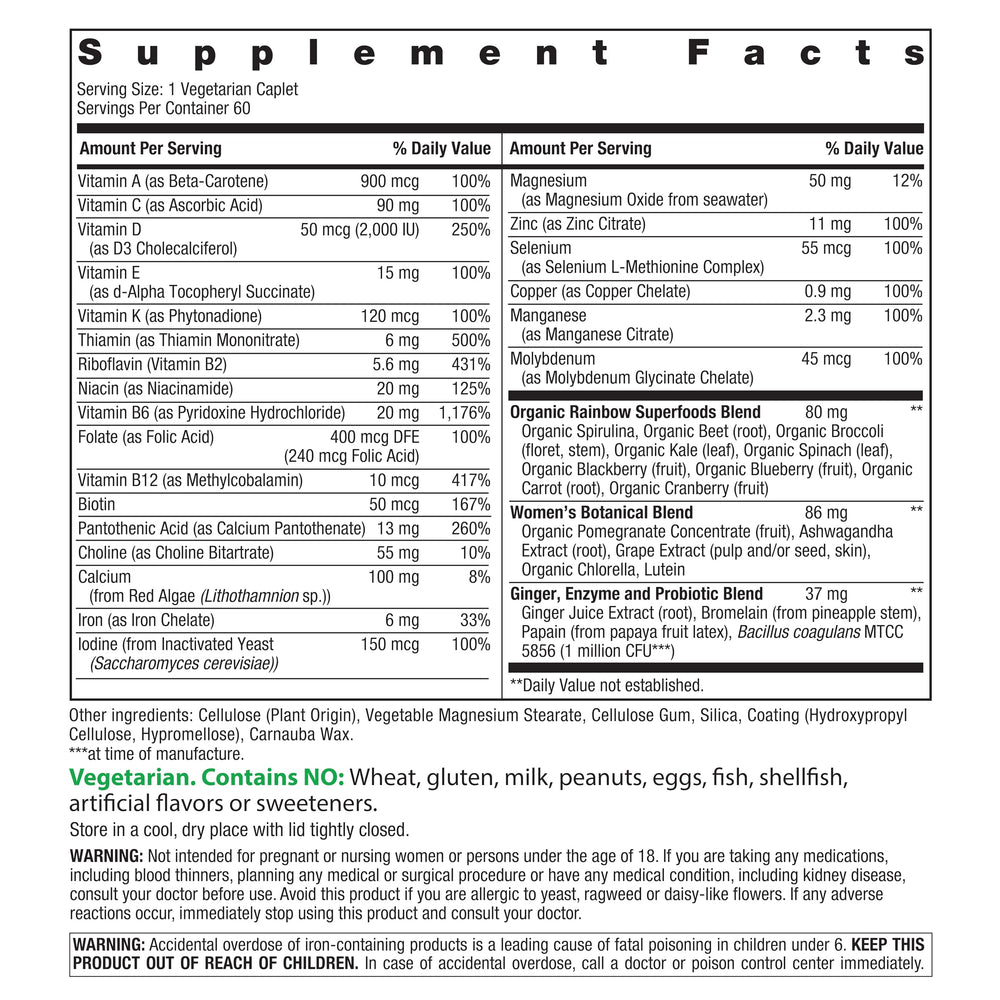 Rainbow Light One+ label closeup highlighting real food nutrients and probiotics.