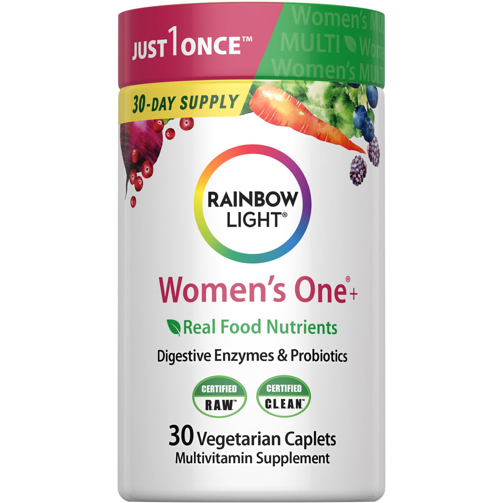 Rainbow Light Women's Multivitamin One Plus bottle on a clean shelf for daily wellness.