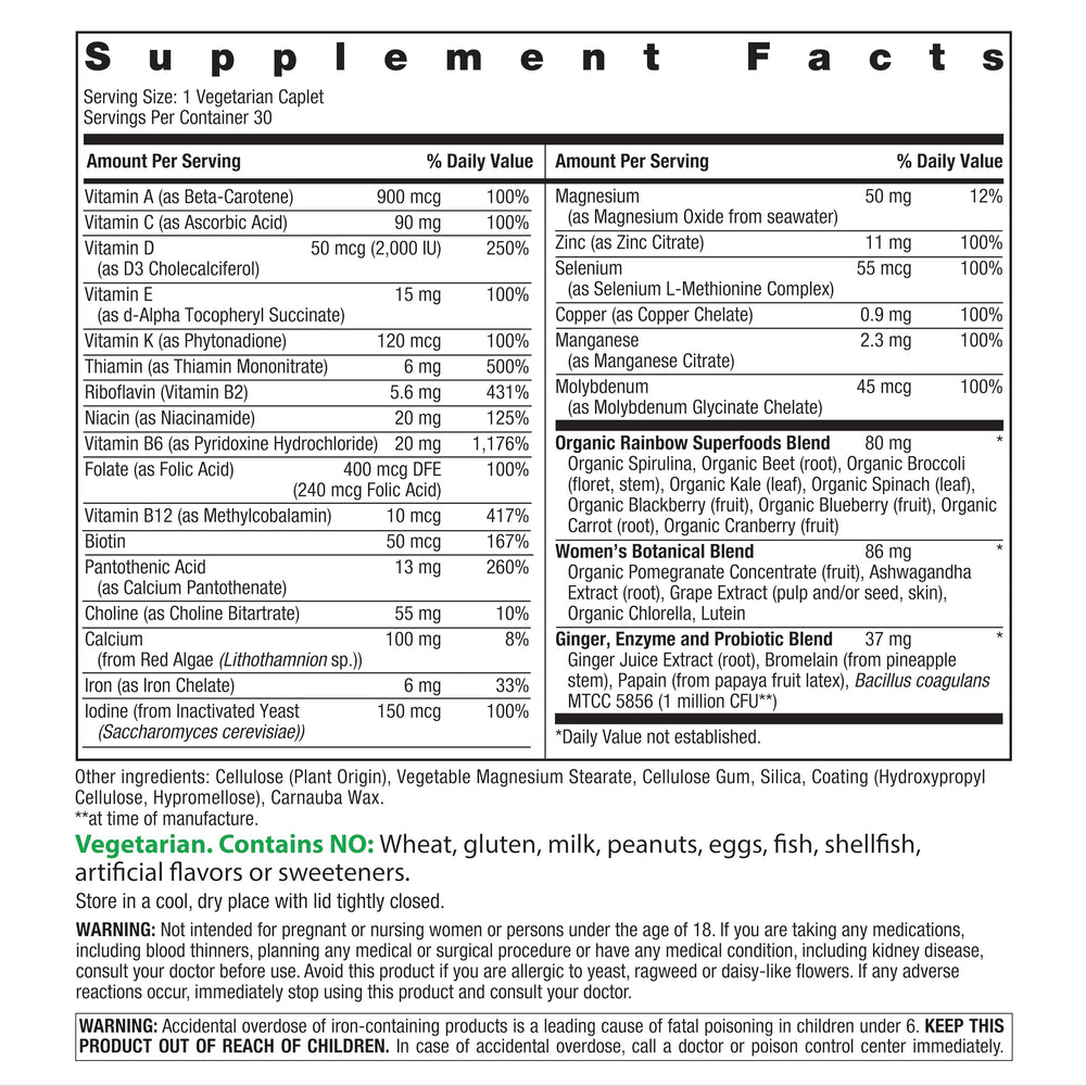 Close-up of Rainbow Light Women's Multivitamin One Plus caplets for convenient daily use.