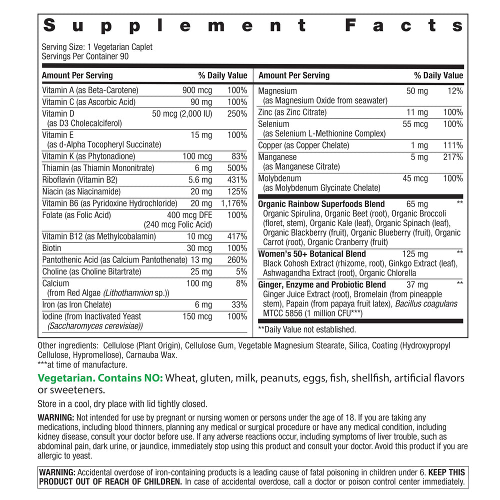 Rainbow Light Women's One 50+ label highlights key vitamins and minerals.