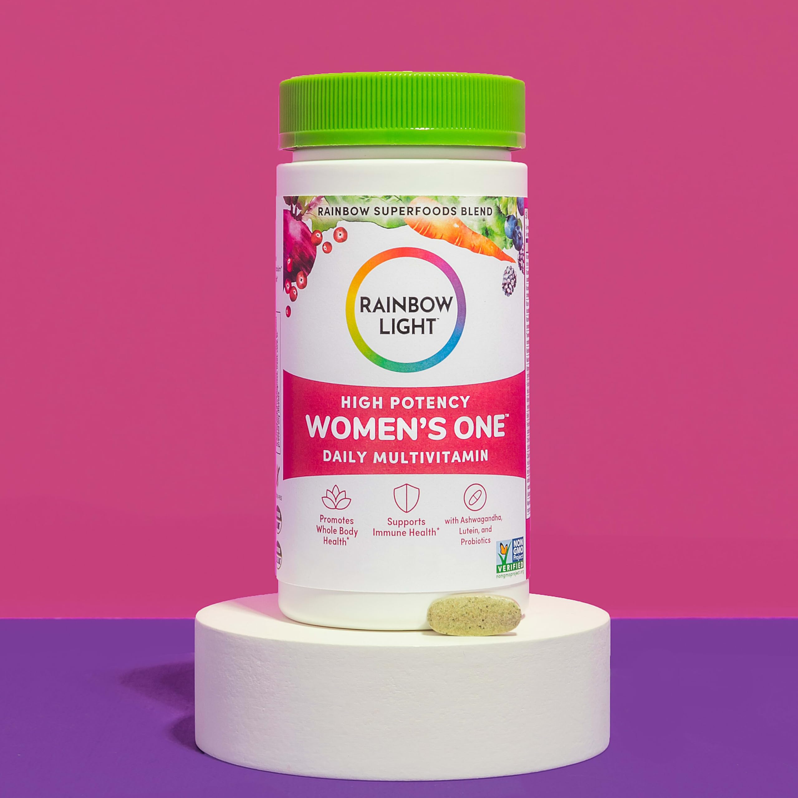 Rainbow Light Women’s One packaging set on countertop highlights value pack.