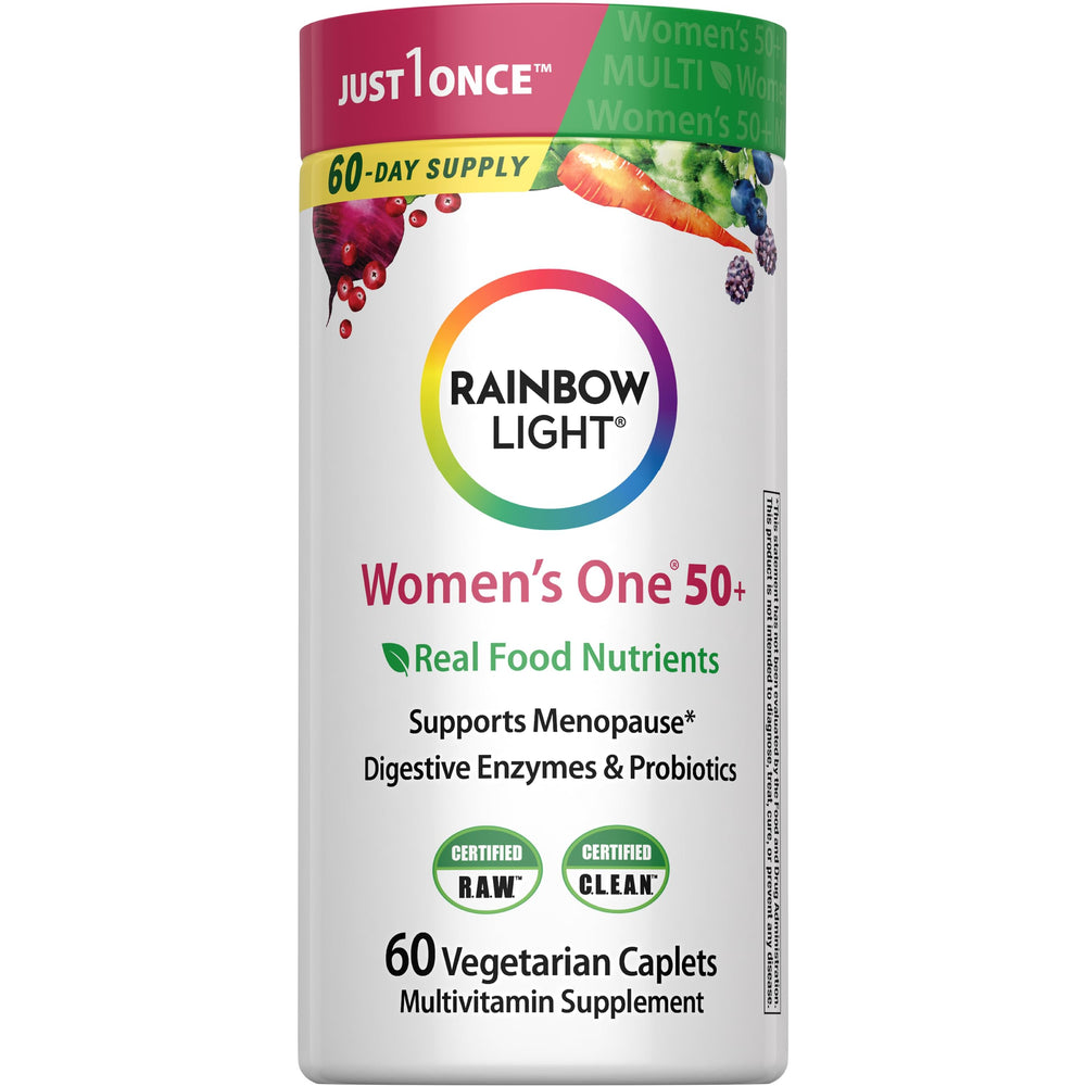 Rainbow Light Women's One+ 50+ bottle front showing real food nutrients for daily wellness.