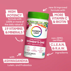 Rainbow Light Women’s One powder dissolved in water shows easy mixing for on-the-go nutrition.