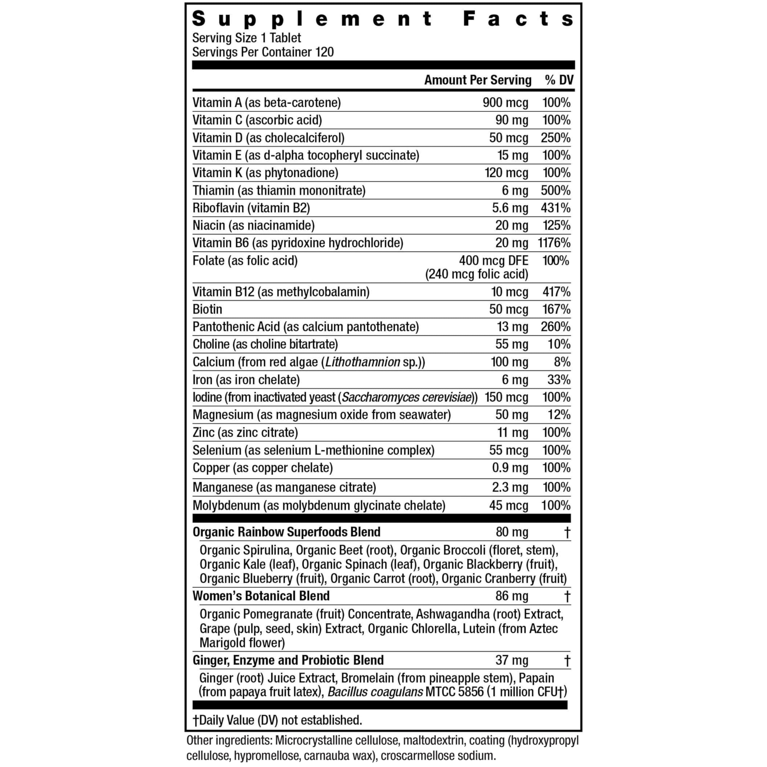 Rainbow Light Women’s One powder tub back highlights ingredients and daily values.