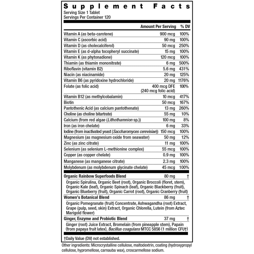 Rainbow Light Women’s One powder tub back highlights ingredients and daily values.