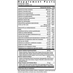 Rainbow Light Women’s One powder tub back highlights ingredients and daily values.