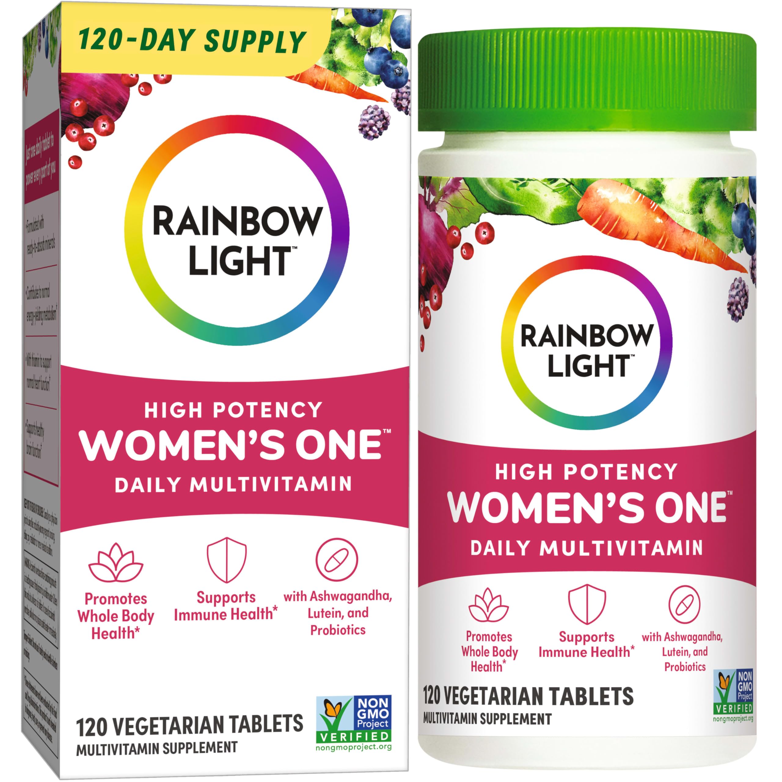 Rainbow Light Women’s One powder tub front shows convenient daily multivitamin packaging for busy days.